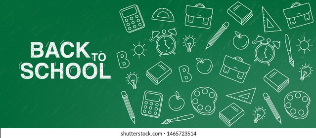 Back to school Vector. Green board banner. School supplies promotion template