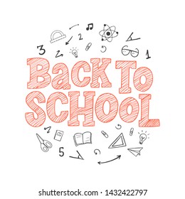 Back to school vector hand drawn sketch lettering inscription with decorative elements on white background.