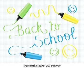 BACK TO SCHOOL vector hand lettering with colorful highlighters on lined paper