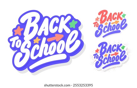 De volta à escola. Autocolantes de tipografia manuscrita de vetor.Três opções de design.