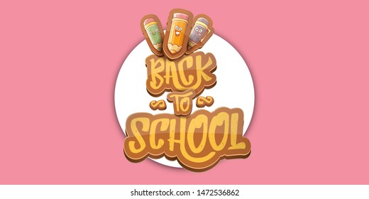 Back to school vector horizontal banner background template with funny cartoon supplies like pencil ,book, bag, eraser and space for text on soft pink background. Vector back to school label