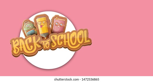 Back to school vector horizontal banner background template with funny cartoon supplies like pencil ,book, bag, eraser and space for text on soft pink background. Vector back to school label