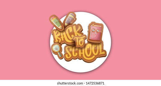 Back to school vector horizontal banner background template with funny cartoon supplies like pencil ,book, bag, eraser and space for text on soft pink background. Vector back to school label