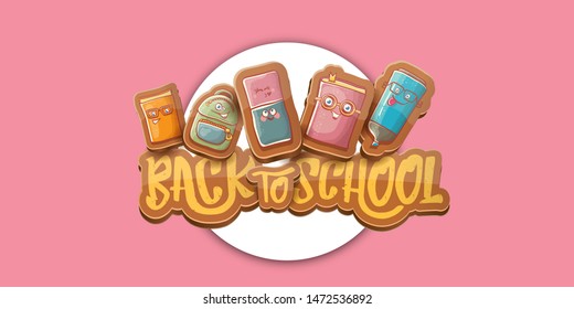 Back to school vector horizontal banner background template with funny cartoon supplies like pencil ,book, bag, eraser and space for text on soft pink background. Vector back to school label