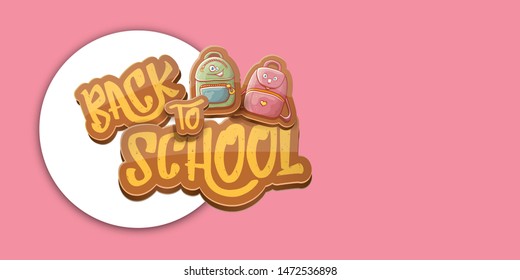 Back to school vector horizontal banner background template with funny cartoon supplies like pencil ,book, bag, eraser and space for text on soft pink background. Vector back to school label