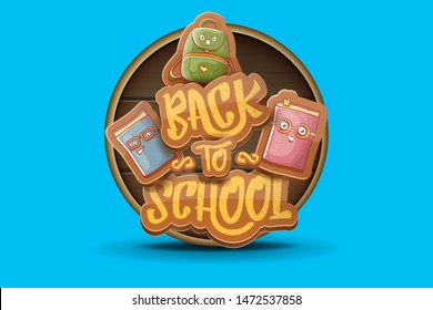 Back to school vector horizontal banner background template with funny cartoon supplies like pencil ,book, bag, eraser and space for text on blue background. Vector back to school label or flyer