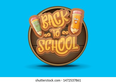 Back to school vector horizontal banner background template with funny cartoon supplies like pencil ,book, bag, eraser and space for text on blue background. Vector back to school label or flyer
