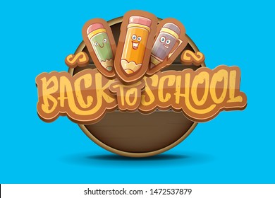 Back to school vector horizontal banner background template with funny cartoon supplies like pencil ,book, bag, eraser and space for text on blue background. Vector back to school label or flyer