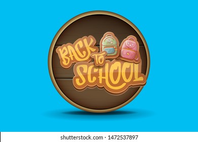 Back to school vector horizontal banner background template with funny cartoon supplies like pencil ,book, bag, eraser and space for text on blue background. Vector back to school label or flyer