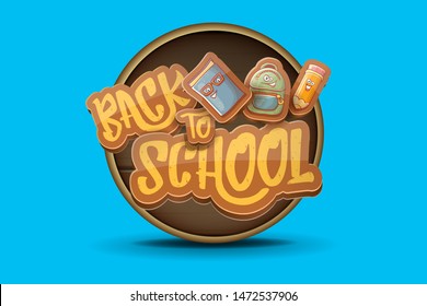 Back to school vector horizontal banner background template with funny cartoon supplies like pencil ,book, bag, eraser and space for text on blue background. Vector back to school label or flyer