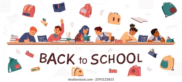 Back to school vector horizontal banner with illustrations of diverse school children sitting at desk, backpacks and stationary.