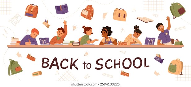 Back to school vector horizontal banner with illustrations of diverse school children, backpacks and stationary.