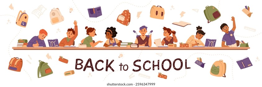 Back to school vector horizontal banner with illustrations of school children, backpacks and school supplies.