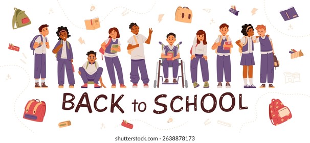 Back to school vector horizontal banner with illustrations of diverse school children in uniform standing together, backpacks and stationary.