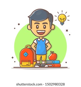 Back To School Vector Icon Illustration. Boy Character And School Bag, Books with an apple on top. A Lightbulb over the boys head.,Icon Concept White Isolated. Flat Cartoon Style Suitable for Web Landing Page, Banner, Sticker, Background