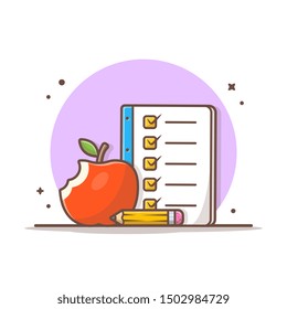 Back To School Vector Icon Illustration. 
Apple Fruit And Book List, Pencil Icon Concept White Isolated. Flat Cartoon Style Suitable for Web Landing Page, Banner, Sticker, Background