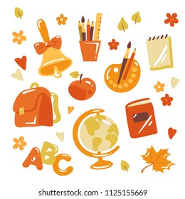 Back to school vector icon set. Collection of cute hand-drawn illustration of education supplies. Study icons: bell, pencil, brush, ruler, notebook, diary, apple, backpack, ABC, leaves, flowers.