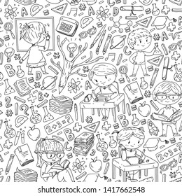 Back to school. Vector icons and elements for little children, college. Doodle style, kids drawing