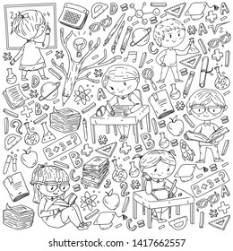 Back to school. Vector icons and elements for little children, college. Doodle style, kids drawing