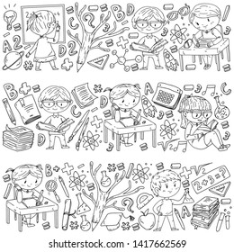 Back to school. Vector icons and elements for little children, college. Doodle style, kids drawing