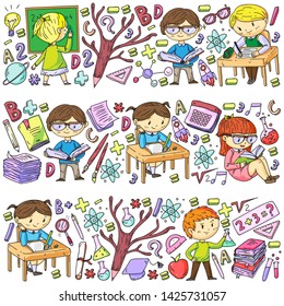 Back to school. Vector icons and elements for little children, college. Doodle style, kids drawing