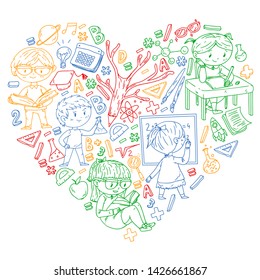 Back to school. Vector icons and elements for little children, college. Doodle style, kids drawing