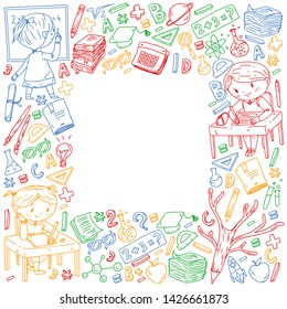 Back to school. Vector icons and elements for little children, college. Doodle style, kids drawing