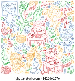 Back to school. Vector icons and elements for little children, college. Doodle style, kids drawing