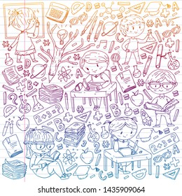 Back to school. Vector icons and elements for little children, college. Doodle style, kids drawing