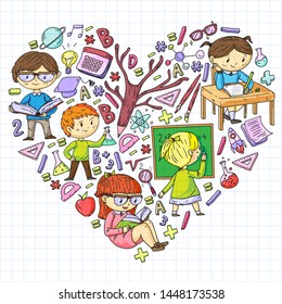 Back to school. Vector icons and elements for little children, college. Doodle style, kids drawing