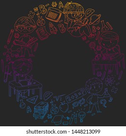 Back to school. Vector icons and elements for little children, college. Doodle style, kids drawing