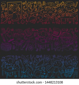 Back to school. Vector icons and elements for little children, college. Doodle style, kids drawing