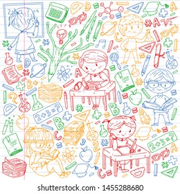 Back to school. Vector icons and elements for little children, college. Doodle style, kids drawing