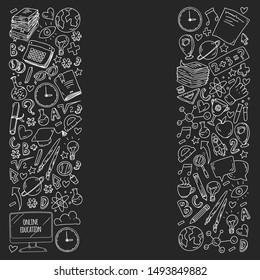 Back to school. Vector icons and elements for little children, college, online courses. Doodle style, kids drawing