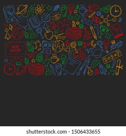 Back to school. Vector icons and elements for little children, college, online courses. Doodle style, kids drawing