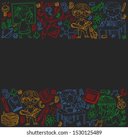 Back to school. Vector icons and elements for little children, college, online courses. Doodle style, kids drawing