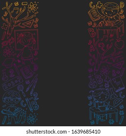 Back to school. Vector icons and elements for little children, college, online courses. Doodle style, kids drawing