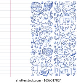 Back to school. Vector icons and elements for little children, college, online courses. Doodle style, kids drawing