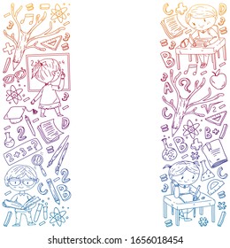 Back to school. Vector icons and elements for little children, college, online courses. Doodle style, kids drawing