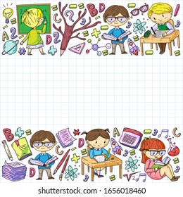 Back to school. Vector icons and elements for little children, college, online courses. Doodle style, kids drawing