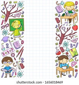 Back to school. Vector icons and elements for little children, college, online courses. Doodle style, kids drawing