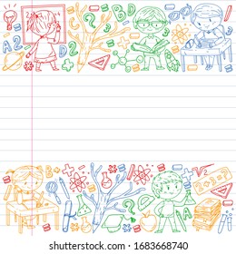Back to school. Vector icons and elements for little children, college, online courses. Doodle style, kids drawing