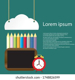 Back to school vector illustration with alarm clock. School supplies, other elements and red alarm clock. Copy space for your text