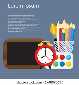 Back to school vector illustration with alarm clock. School supplies, other elements and red alarm clock. Copy space for your text