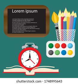 Back to school vector illustration with alarm clock. School supplies, other elements and red alarm clock. Copy space for your text