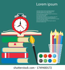 Back to school vector illustration with alarm clock. School supplies, other elements and red alarm clock. Copy space for your text