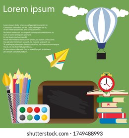 Back to school vector illustration with alarm clock. School supplies, other elements and red alarm clock. Copy space for your text