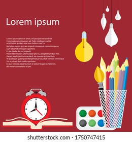 De volta à ilustração de vetor da escola com despertador. Material escolar, outros elementos e despertador vermelho. Copiar espaço para o texto