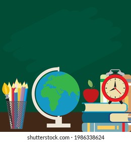 Back to school vector illustration with alarm clock. School supplies, other elements and red alarm clock. Copy space for your text