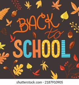 Back to school vector illustration with autumn leaves, branches and acorns drawn in doodle cartoon style on a dark background.